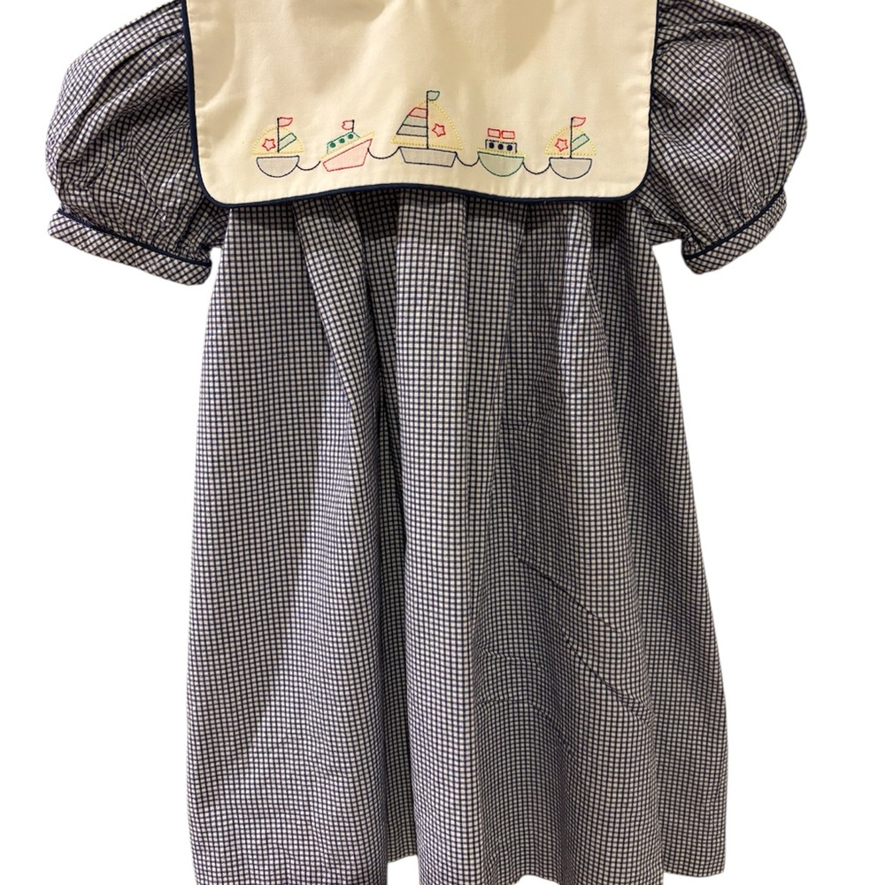 Vintage 90’s Judy Lynn Navy Gingham Dress with Sailboat Embroidered Collar Sz 4
